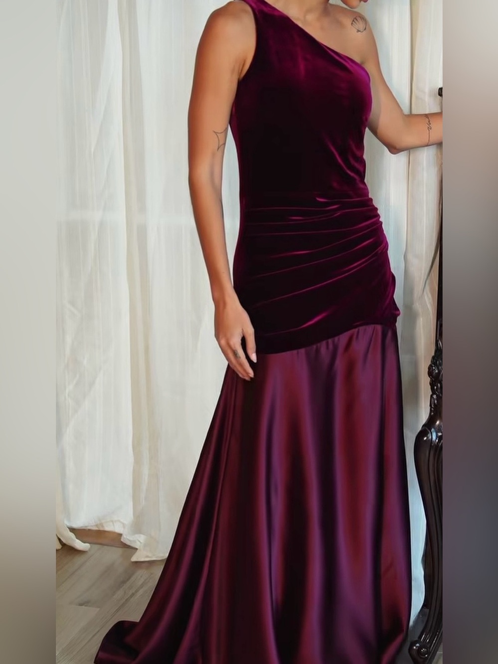 NWT Fehaute Burgundy Satin Ruched Velvet One Shoulder A-Line Gown Dress Size 4 - Picture 6 of 11